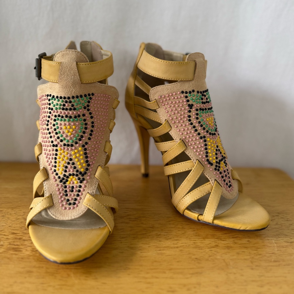 Natural/Tan Kanti Beaded Strappy Heels